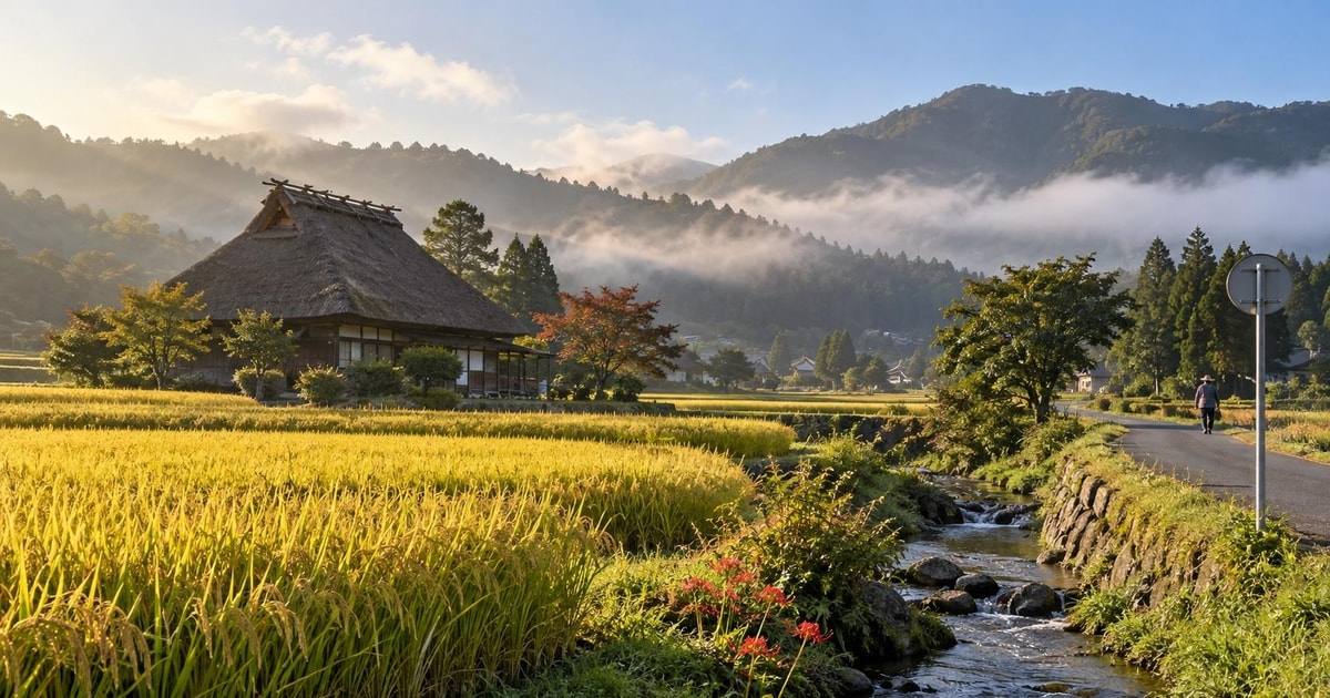 Rice fields and a traditional thatched house beside a stream